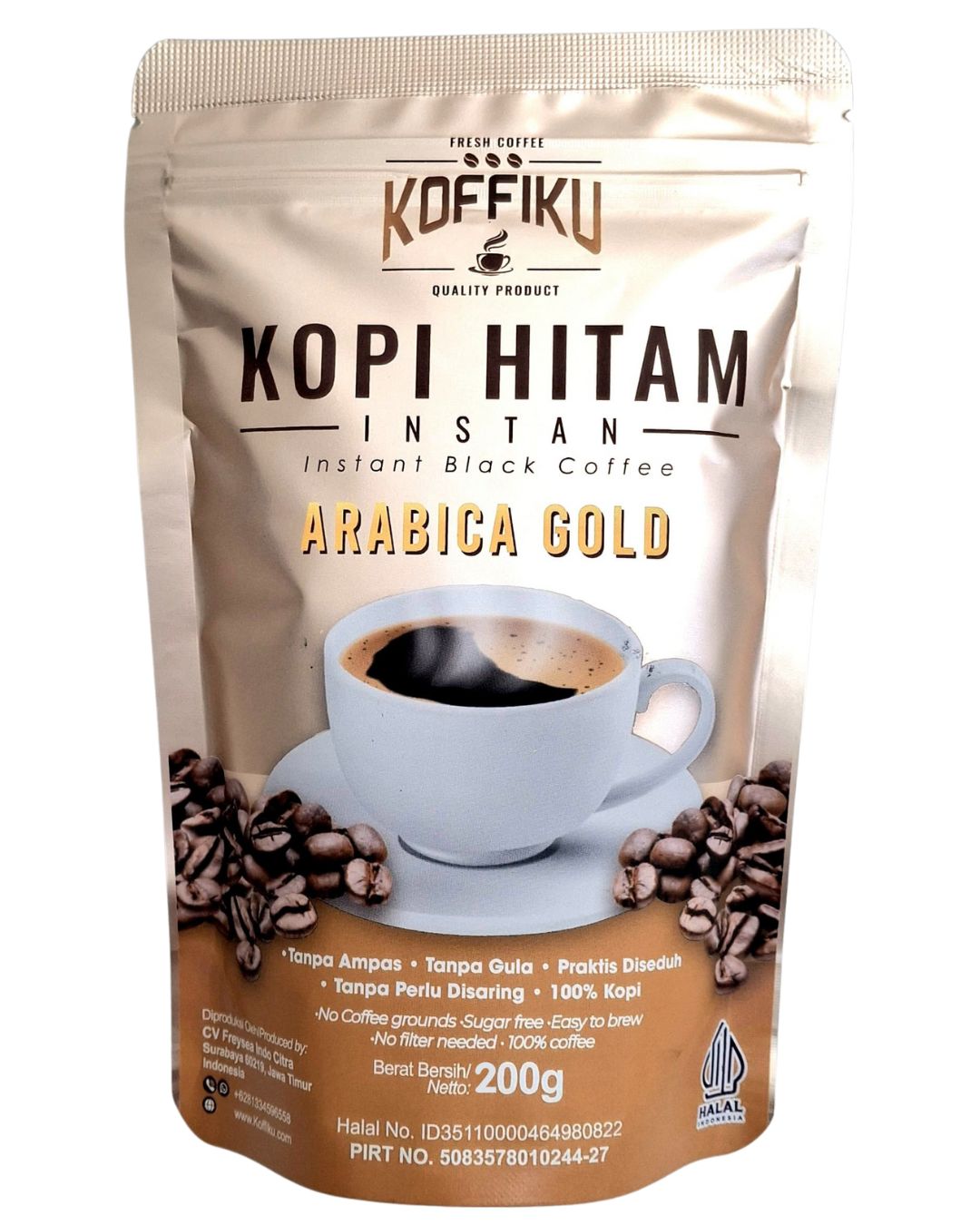 Koffiku Kopi Hitam Instant Arabica Gold coffee package on a white background