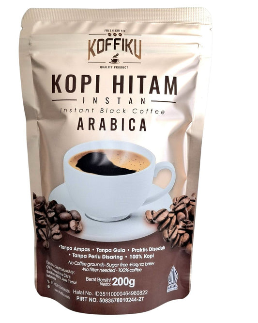 Koffiku Kopi Hitam Instant Arabica coffee package on a white background